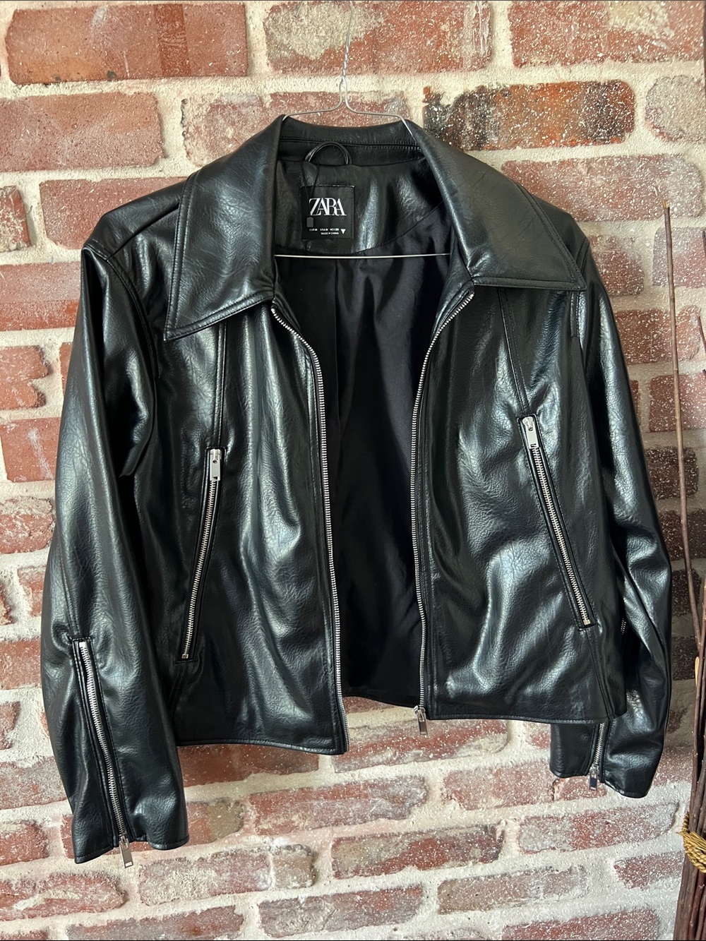 ZARA Black Faux Leather Biker Jacket with side silver zippers